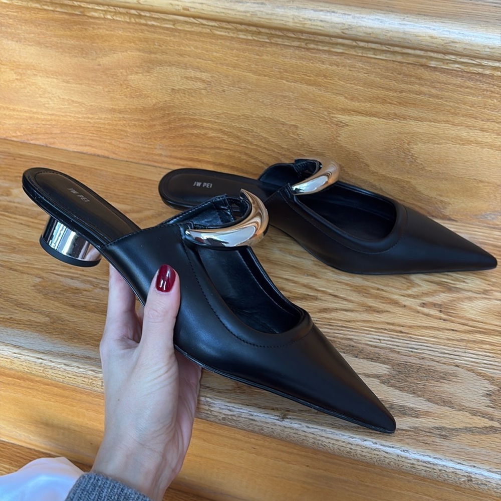 JW PEI Black Pointed Mule Heels with Silver Accent